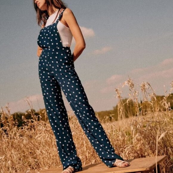 Sézane Women's Julie Polka Dot Wide Leg Overalls Jumpsuit | Sz 38 (US 6) | Blue - Picture 3 of 15